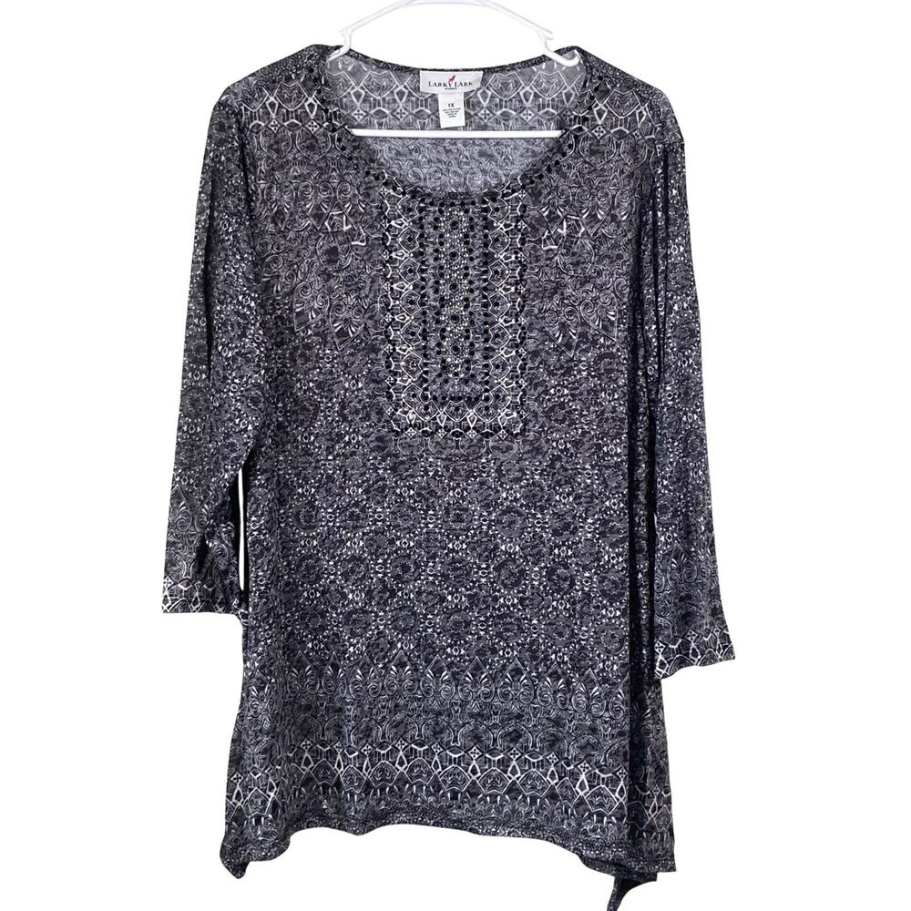 Larky Lark Shirt Womens 1X 3/4 Sleeve Black Rhinestone Tunic Boho Round Neck